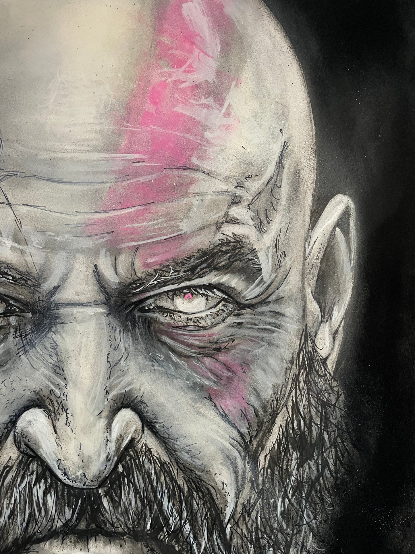 A1 ORIGINAL GOD OF WAR Kratos Mixed Media (FRAMED)