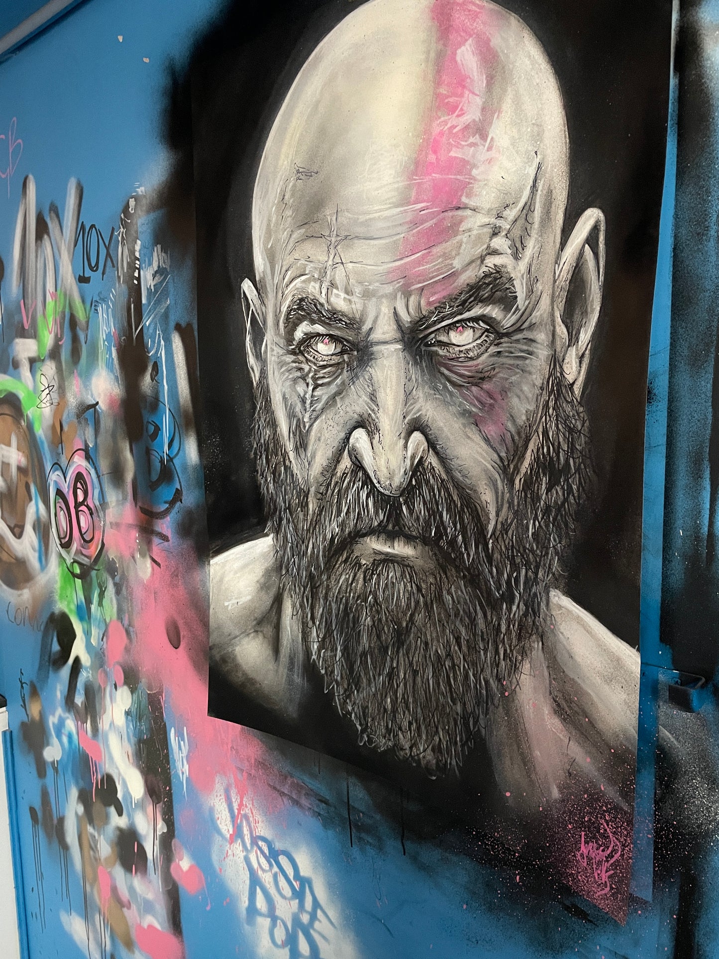 A1 ORIGINAL GOD OF WAR Kratos Mixed Media (FRAMED)